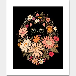 Cute black cat with Boho wildflowers Posters and Art